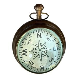 Vintage Glass Domed Desk Clock Compass‎ Nautical Decor Tabletop Magnified